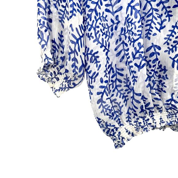 BCBG Maxazria Size Medium Blouse Blue White Ruched Long Sleeve Semi Sheer - Picture 3 of 5